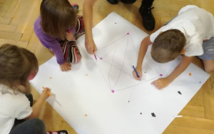 trójka dzieci i ciocia Ania pochyleni nad arkuszem papieru, zaznaczają mazakami kolorowe punkty