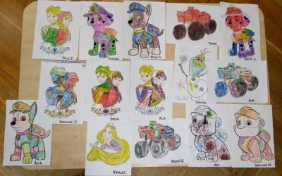 kolorowanki postaci z bajek wykonane przez dzieci z grupy 4. latków A