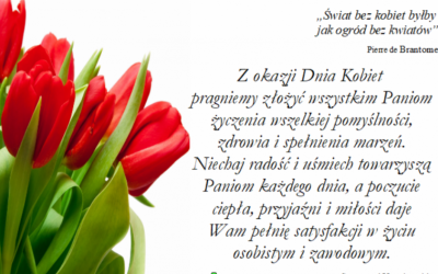 kartka z tulipanami i życzeniami dla Pań