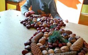 przedszkolaki przechodzą trasę sensoryczną wykonaną z darów jesieni oraz tworzą z nich jesienne mandale (4)