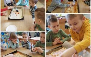 Przedszkolaki z Baśniowej Krainy podczas zajęć poszerzających wiedzę na temat pizzy, przygotowania pizzy i degustacji pizzy (1)