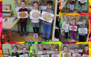 Przedszkolaki z Baśniowej Krainy podczas zajęć poszerzających wiedzę na temat pizzy, przygotowania pizzy i degustacji pizzy (2)